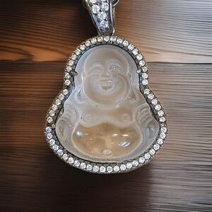 Smiling BUDDHA Clear Jade Pave Rhinestone Sterling Silver 925 Gun Metal Pendant